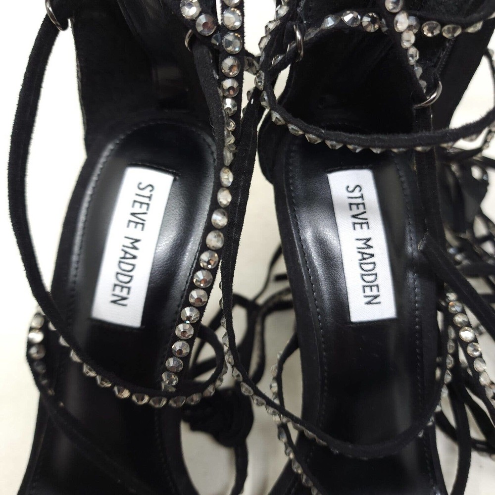 Steve Madden Sandal Heels Justyne Black Glass Rhinestone Tie Up Gladiator 7 - Picture 8 of 10
